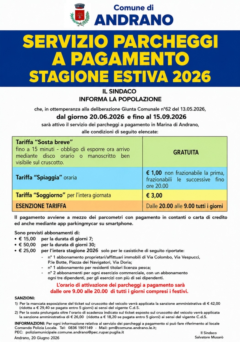 Servizio parcheggi a pagamento stagione estiva 2026