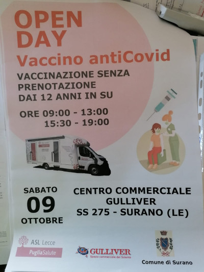 9 ottobre Open day Vaccino antiCovid