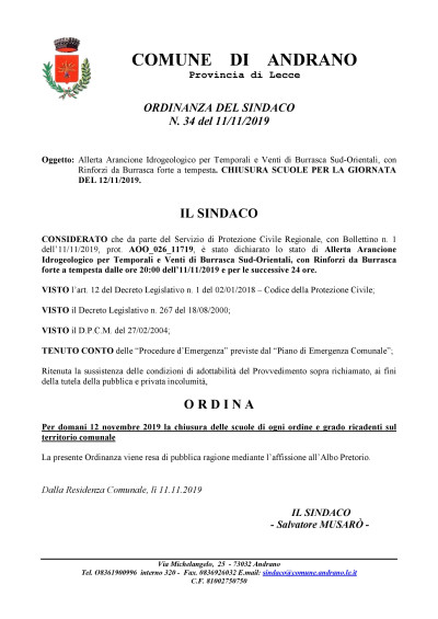ORDINANZA DEL SINDACO N. 34/2019 -CHISURA DELLE SCUOLE PER LA GIORNATA DEL 12...