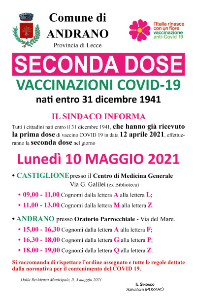 2^ DOSE VACCINO COVID-19 - LUNEDI 10 MAGGIO